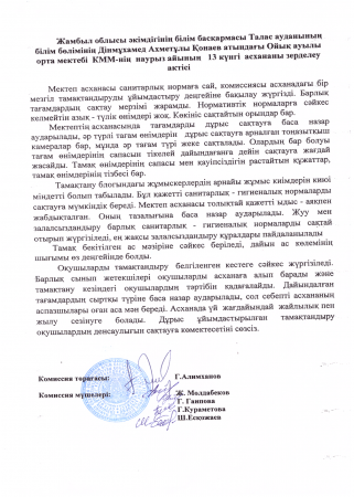 Дінмұхамед Ахметұлы Қонаев атындағы Ойық ауылы орта мектебі КММ-нің наурыз  айының 13 күнгі асхананы зерделеу актісі