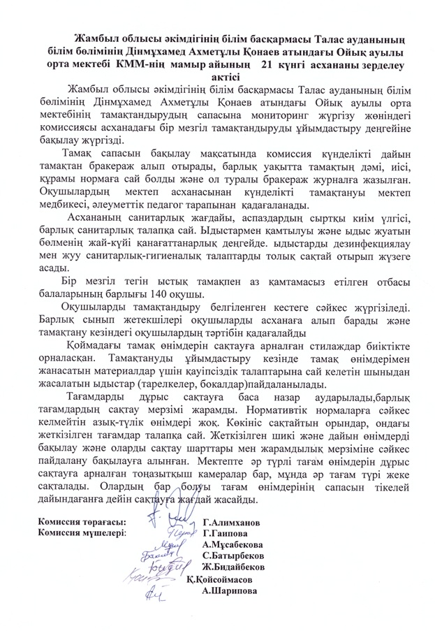 Дінмұхамед Ахметұлы Қонаев атындағы Ойық ауылы орта мектебі КММ-нің мамыр  айының асханасын зерделеу актісі
