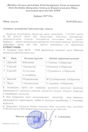 Асханаға  кезекші  ұйымдастыру  туралы