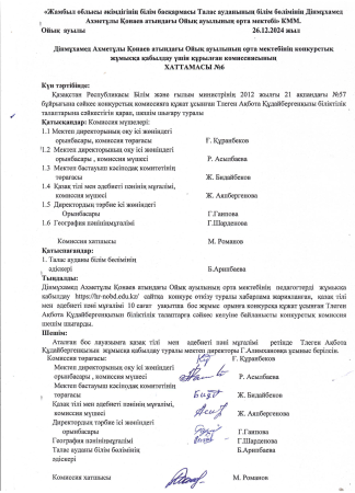 Бос және (немесе) уақытша бос жұмыс орындарына конкурстың  хаттамасы